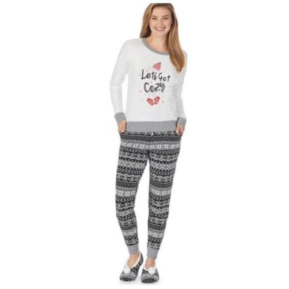 Cuddl Duds Womens Black White Cozy Knit Winter Jogger Pajamas 3 Pc Sets Sz S New - Picture 1 of 8